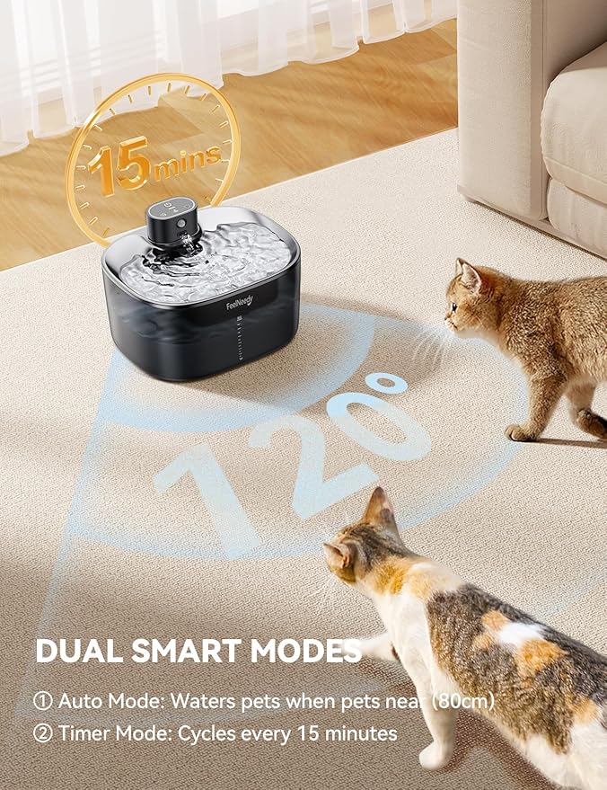 FEELNEEDY Wireless Cat Water Fountain, No Pump for Easy Cleaning, 4000mAh Detachable & Rechargeable Battery, Motion Sensor with Low Water & Power Alerts - Includes 6 Filters (4L/135oz)