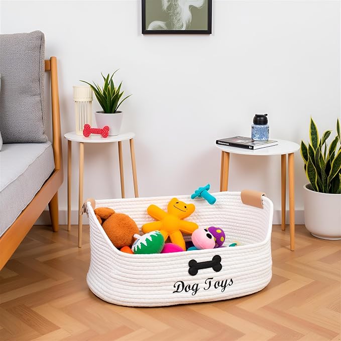 Dog toy basket storage large dog box pet bed great for collecting pet toys, blankets, leashes, clothing in living room playroom closet - Beige