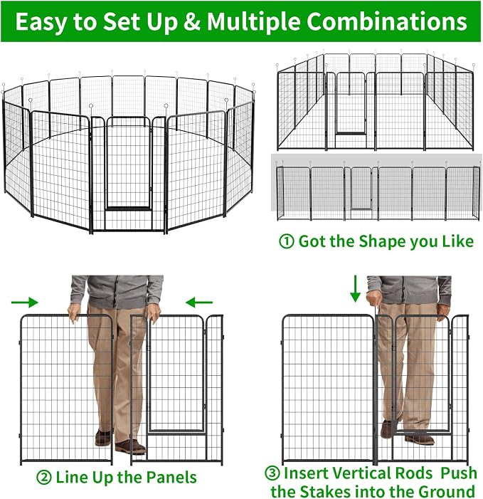 Kfvigoho Dog Playpen Outdoor Extra Wide 16 Panels Heavy Duty Dog Fence 50" | Anti-Rust Coating-Strengthened Dog Fence with Doors Portable for RV Camping Yard, Total 42FT, 140 Sq.ft, Snowy Black