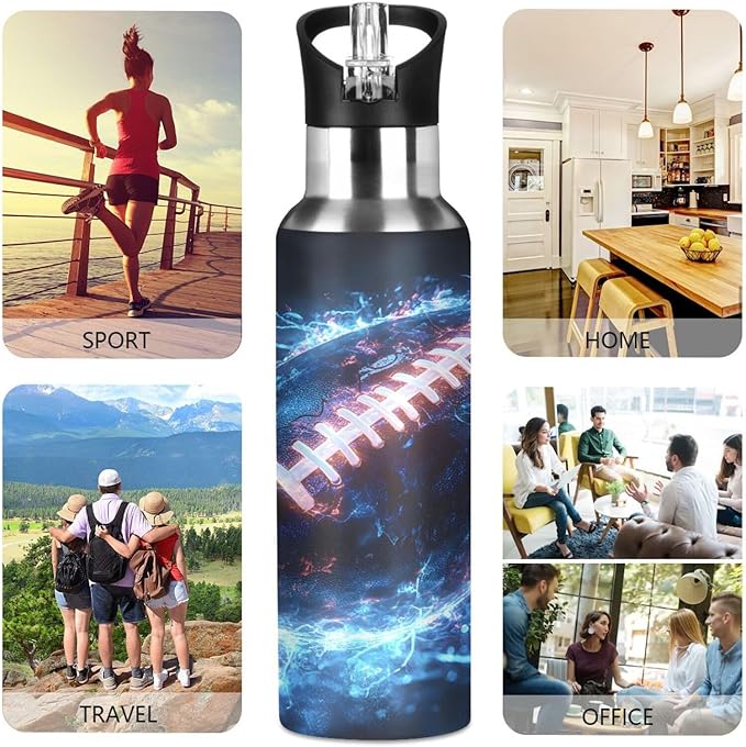 American Football Blue Lightning Water Bottle with Straw Lid Kids Insulated Stainless Steel Water Flask Sports, 20 Oz Hot Cold