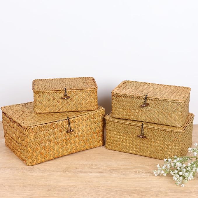 FEIALNDUO Wicker Shelf Baskets with Lid,Seagrass Storage Basket Bins Rectangular Handwoven Basket Boxes for Shelves Desktop Home Organizer (Natural, Large)
