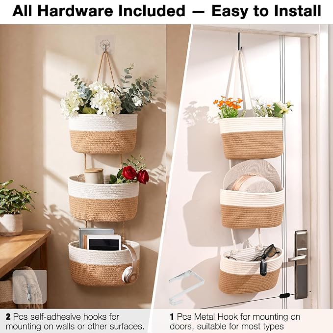 ICERZCZ Hanging Baskets for Organizing 3-Tier Wall Basket Khaki & Off White | Over the Door Decorative Storage Organizer, Nursery Decor Organization, Baskets for Entryway Playroom Bathroom Closet