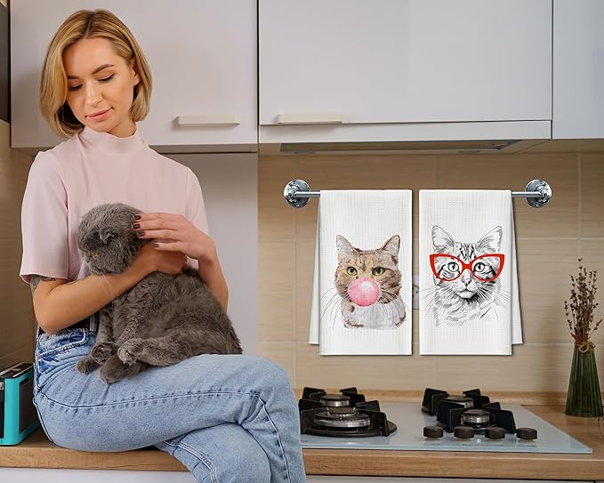 Kitchen Towels Set Of 2, Bubble Cat Dish Towel For Kitchen, Funny Glasses Kitten Decorative Hand Towels For Bathroom, Fast Drying Tea Towel, Housewarming Xmas Gifts For Cat Lover Women Mom -B10