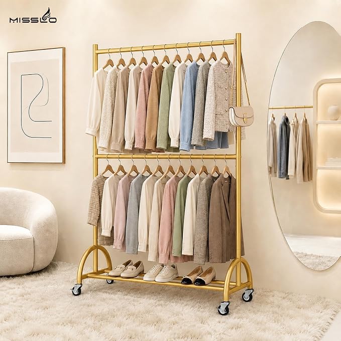 MISSLO Heavy Duty Clothing Racks for Hanging Clothes Double Rod Rolling Gold Clothes Rack with Wheels for Coats, Garment Closet Storage, Gold