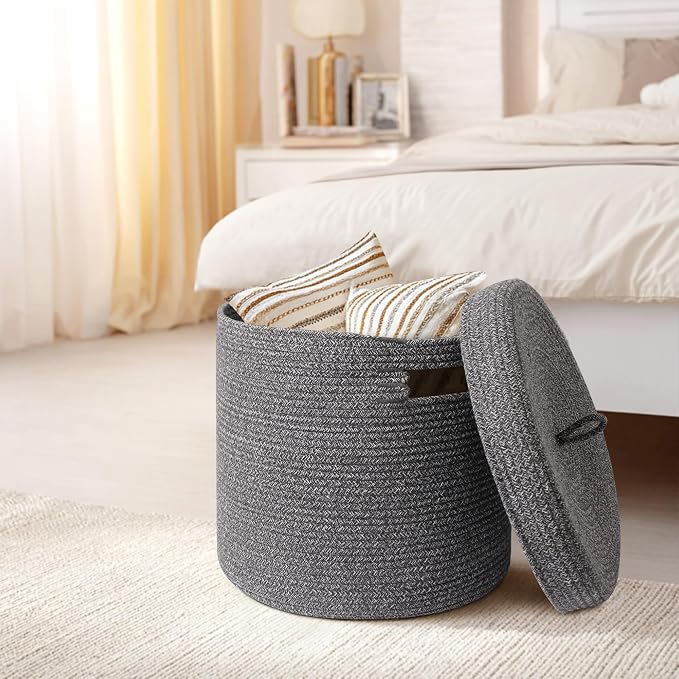 Storage Basket with Lid, Woven Blanket Storage for Living Room, Cute Cotton Rope Bin with Lid, Round Wicker Laundry Basket with Cover, Decorative Kid Dog Toy Box, Nursery Organizer, 15"x13"