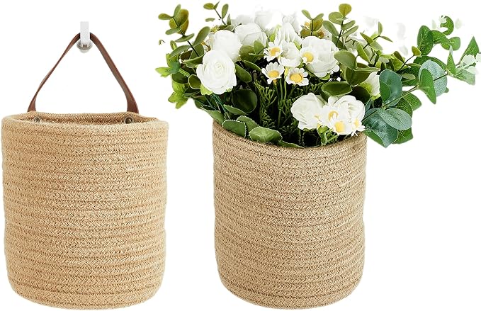 Wall Hanging Storage Basket, Woven Plant Holder for Organizing, 6.3” x 7" | Small decorative basket for towels, and toys, flowers. Hanging storage organizer for wall decor and home organization.