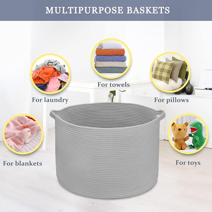 Cotton Rope Basket for Boys Kids, 87L Laundry Hamper, Light Gray