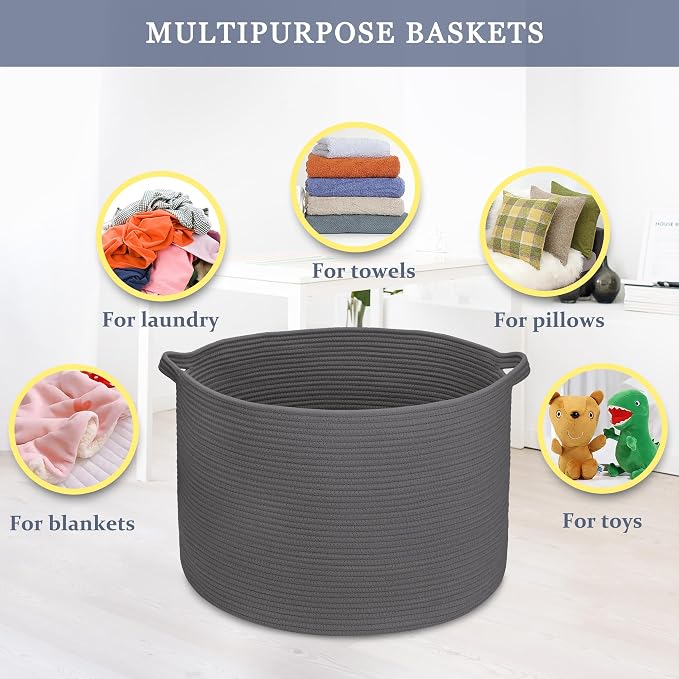 Cotton Rope Basket for Boys Kids, 87L Laundry Hamper, Dark Gray