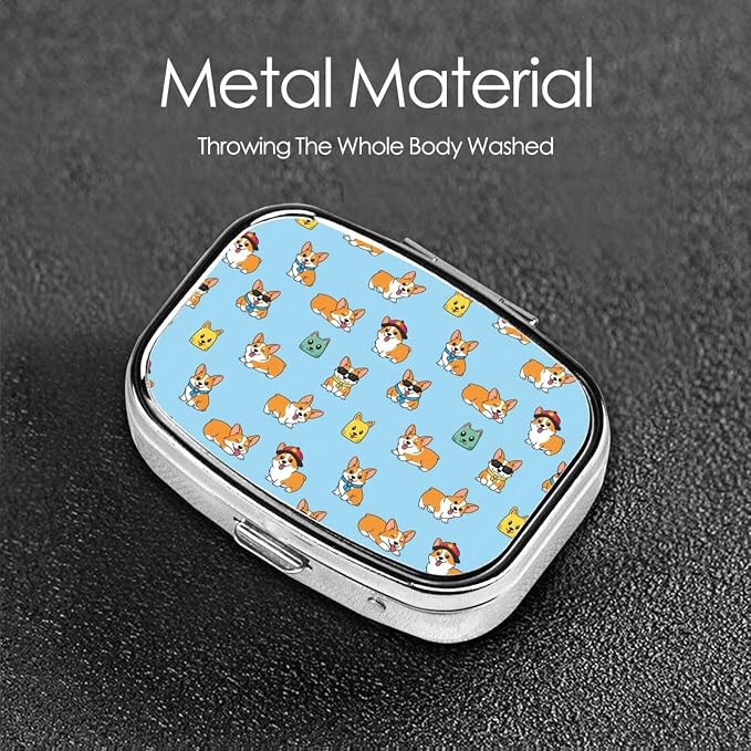 Luxury Pill Case Stainless Steel Mirror Finish Vitamin Organizer Executive Gifts Office Professional, Corgi Funny Dogs