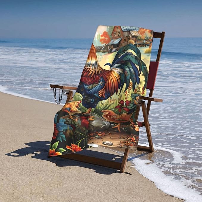 Farm Rooster Beach Towel 31inx51in, Chicken Sand-Free Microfiber Bath Towel Ultra Soft Quick Dry Pool Towel Absorbent Towel Lightweight Towel for Swimming Bathroom Decor