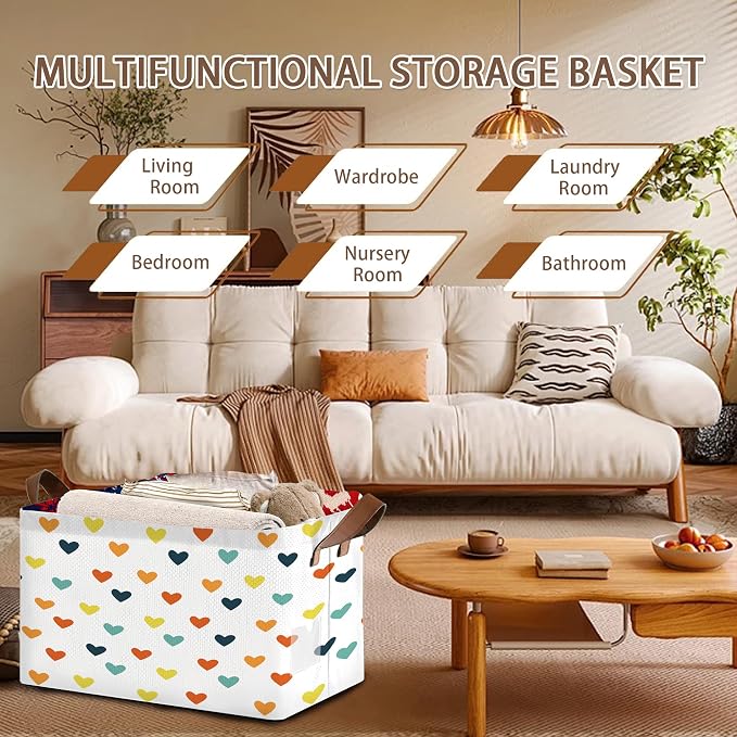 Colorful Heart Pattern Collapsible Storage Box - 17x11.5x10.5 Inch Foldable Organizer for Kids Room, Seasonal Decor - Space-Saving Single Pack