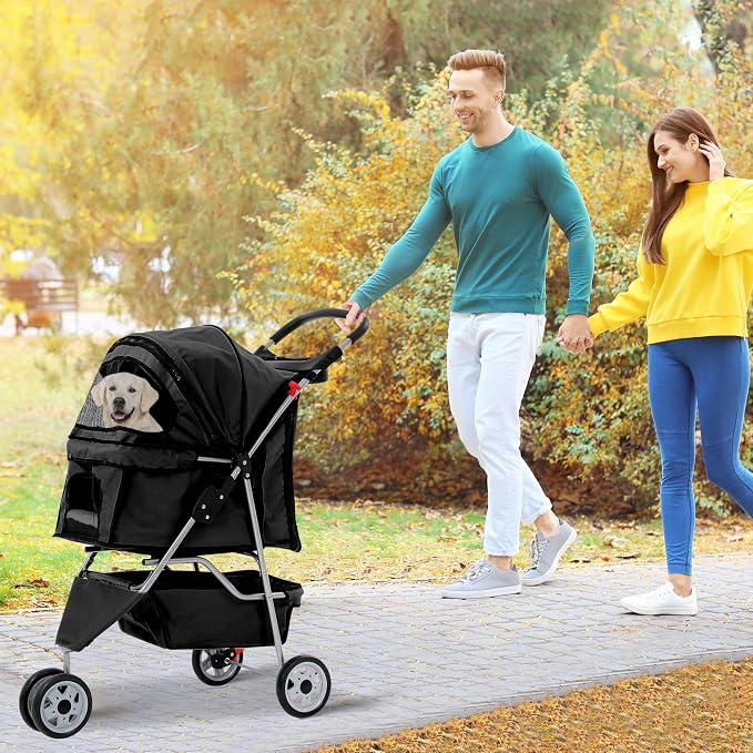 Dog Stroller with Storage Basket,3 Wheels Pet Stroller,Breathable Compact Portable Folding Carrier for Travel,Camping,Dog Carrier for Small Medium Dogs Or Cats,Lightweight Waterproof Pet Stroller
