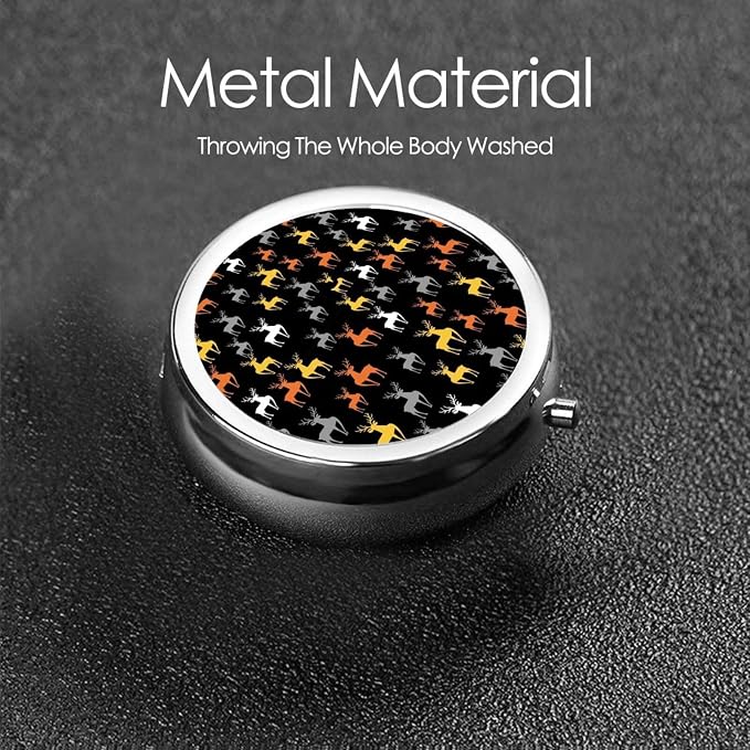 Pocket Pill Box, Waterproof Round Dispenser, Portable Mini Case for Supplements, Daily Use Organizer for Active Lifestyles, Retro Style Reindeer Deer Black