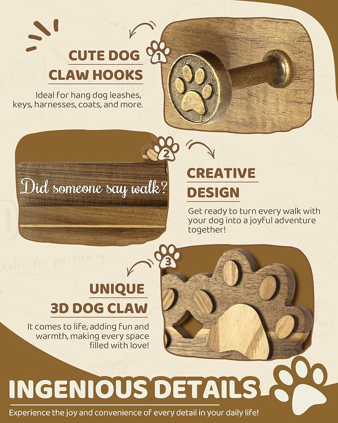 MTERSN Acacia Wood Dog Leash Holder for Wall with Shelf & 6 Hooks, Brown | 3D Doy Paw Six Hooks, Dog Leash Holder for Keys & Sunglasses, Wall Organizer for Entryway, Cute Home Accent for Wall Decor