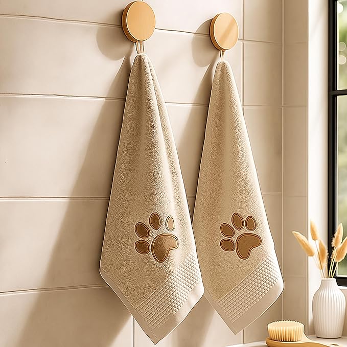 SmoothNovelty 2 Pcs Dog Paw Hand Towels Bathroom Decor 13 x 29 Inch 100% Cotton Embroidered Soft Hand Towels Absorbent Farmhouse for Kitchen Restroom (Brown)