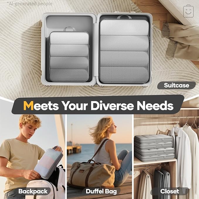 Veken 6/9/11 Set Compression Packing Cubes Garment Bags for Travel Essentials,Compressible Expandable Luggage Organizer Bags for Clothing,Space Saver Bags with Over 1000 pcs of Mesh Holes(Gray)