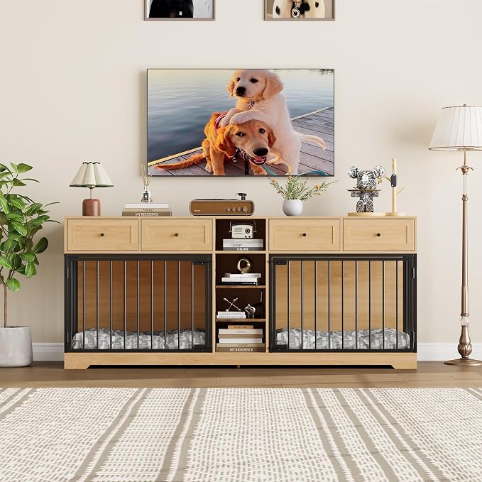 GarveeHome 82" Double Dog Crate Furniture with Drawers and Shelves, Natural | Heavy Duty Wooden Dog Crate TV Stand, Large Dog Kennel Indoor for 2 Medium/Large Dogs