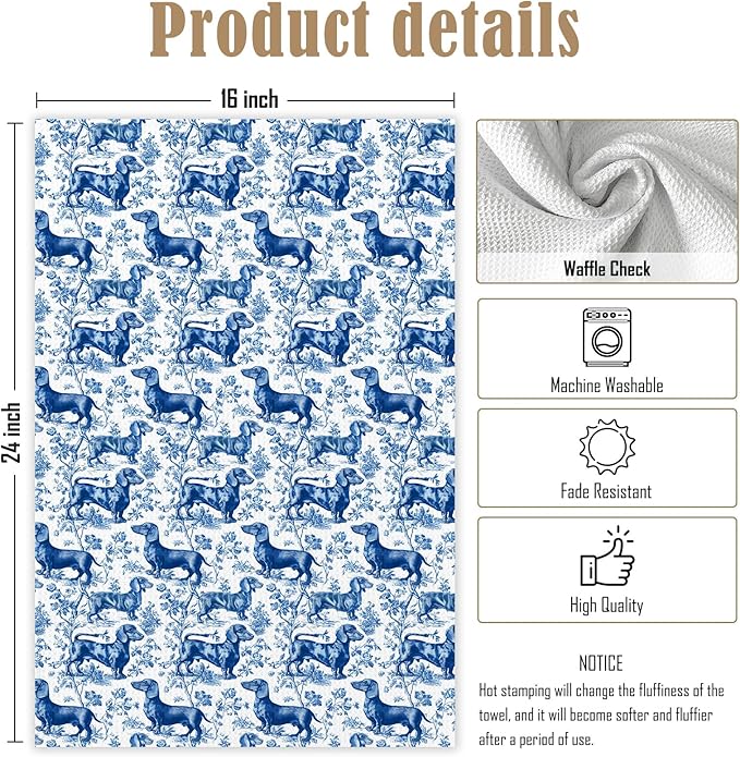Blue and White Chinoiserie Dachshund Flower Kitchen Towels,Dachshund Weiner Dog Lover Gifts for Women Mom Dish Towels,Botanical Weiner Dog Hand Towel Decorative Set Home & Kitchen