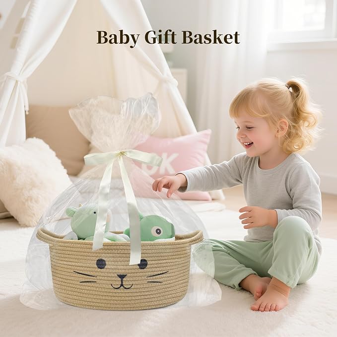 Large Cat Toy Basket, Gift Baskets Empty for Baby Shower,13" x 6" | Boo basket Cute Woven Rope Storage Basket for Home Decor, Baby Baskets for Nursery, Cat Pet toy box, Jute