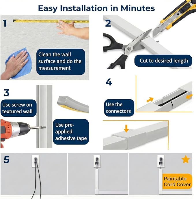 Cord Hider for Wall Mounted TV - Fits 3-4 Cables, 110in Paintable Cable Concealer Kit, Self-Adhesive Wire Cover Channel, Cable Raceway Wire Hider for Power Cords, 7X L15.7in X W1.00in X H0.63in, White