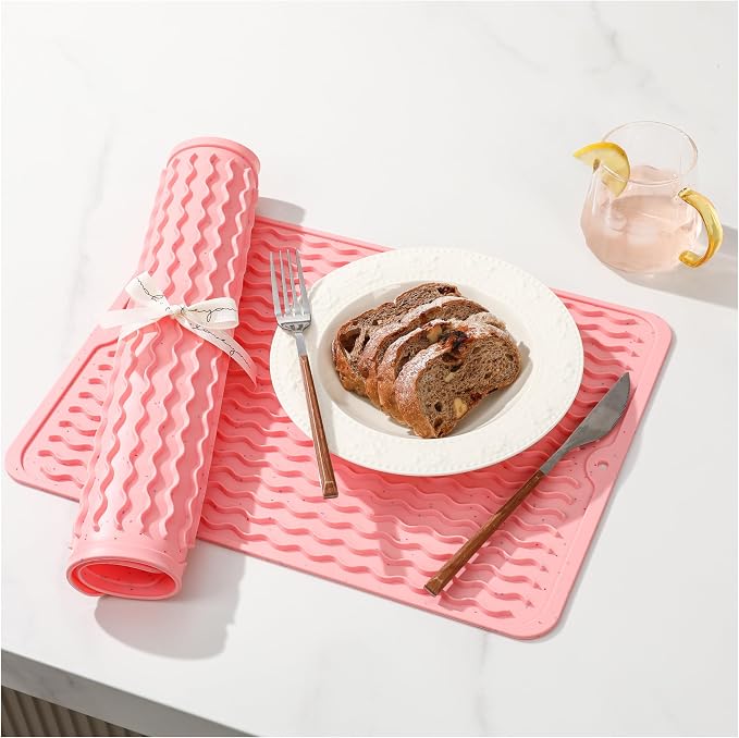 CAKETIME 2 Pack Multicolor Silicone Dish Drying Mat for Kitchen Counter Cooking Baking Liners Drawer Espresso Machine Station Utensil Holder Washer Trivets Oven Chef Gifts Extra Large 18"x16" Pink
