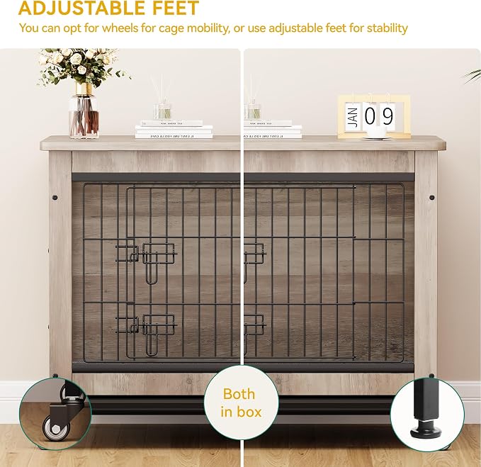 DWVO 27" Dog Crate Furniture with Wheels, Cushion & Tray | Dog Kennel Indoor End Table for Small Dog, Grey