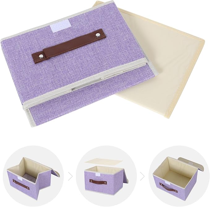 ANMINY Fabric Storage Box Bins with Lids, Purple, 10"x8"x7", 2 Pack | Keepsake Memory Storage, Cotton Linen, PP Board Reinforced, Washable, PU Handles, Foldable & Stackable, Decorative, Small
