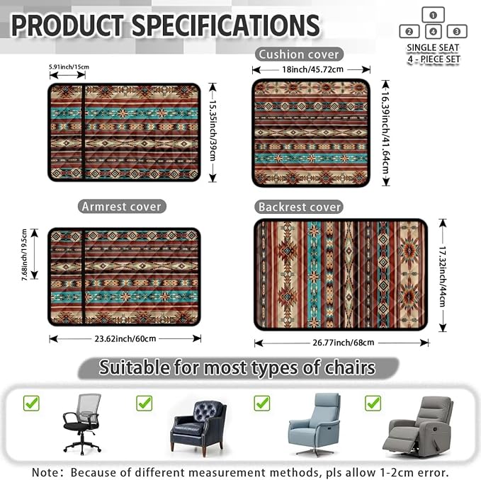 Aztec Quilted Recliner Chair Covers with Arms 4-Piece | Lazy Boy Recliner Chair Covers with Pockets Machine Washable Furniture Protector for Armchairs Wingback Chairs Pet Friendly