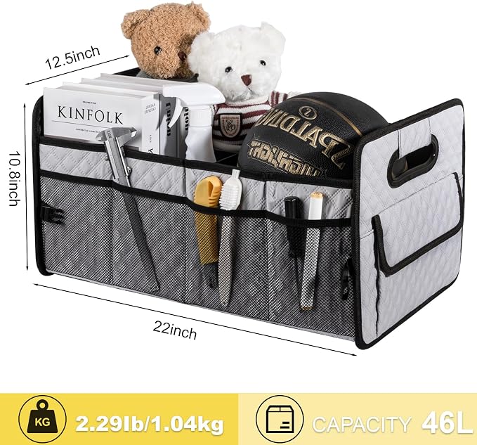 Car Trunk Organizer for SUV, Collapsible Car Storage Organizer Light Grey | Sturdy, Large Capacity, Diamond Decor, Multi Compartment Container Box Adjustable Car Accessories for Sedan Truck