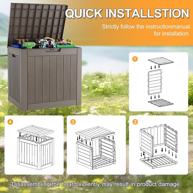 Deck Box, 32 Gallon Resin Indoor and Outdoor Storage Boxes Waterproof for Garden Tools, Pool Accessories Storage Bench, Patio Furniture and Cushions with Lockable Lid, Grey