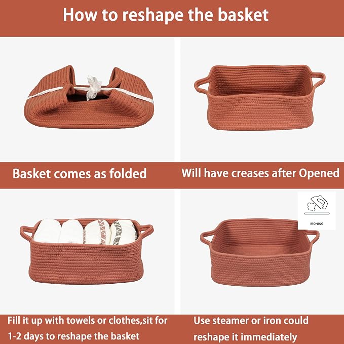 XUANGUO Medium Woven Cotton Rope Storage Basket with Handles, Rust | Small decorative rectangle storage bin for baby nursery items and cat toys; ideal as an empty gift basket or dog toy basket
