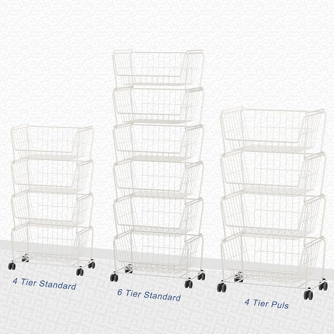 PUSDON 6-Tier Tall Stackable Wire Storage Baskets with Wheels, Vertical Metal Rolling Utility Cart, High Capacity Produce Basket for Kitchen Pantry, Snack Organizer, Classic White