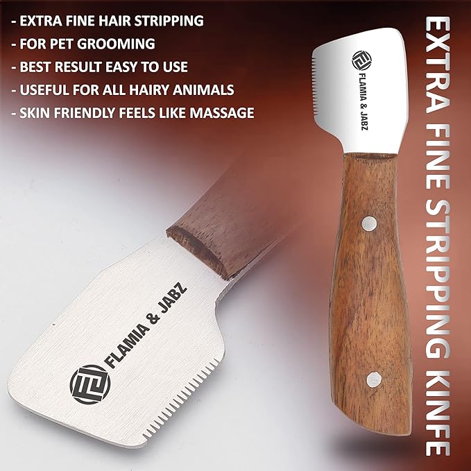 FLAMIA & JABZ FJ Professional Stripping Knife kit (6 pieces set) for Dogs & Pets, Wooden Handle Grip with Stainless Steel Blade (Right handed) (Rosewood)