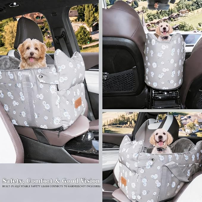 Center Console Dog Car Seat for Small Dogs 5-15 lbs, Gray | Portable Puppy Armrest Booster with Anti-Collapse Support, Washable Fluffy Cushion and Pillow,