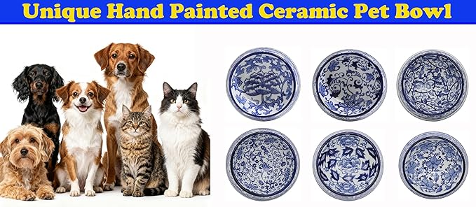 Aimusego Blue and White Flower Pattern Ceramic Dog Food Dish for Small Medium Dogs and Cat,Heavy Non-Slip Porcelain Pet Bowl for Food and Water -6.7inch