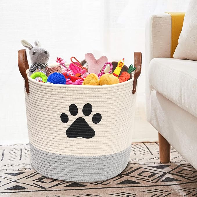 Geyecete Cotton Rope Basket with Leather handle Dog Cotton rope for dogs Laundry Basket Storage Bin dog bin Storage Bins-Natural Woven Basket-Beige/Gray