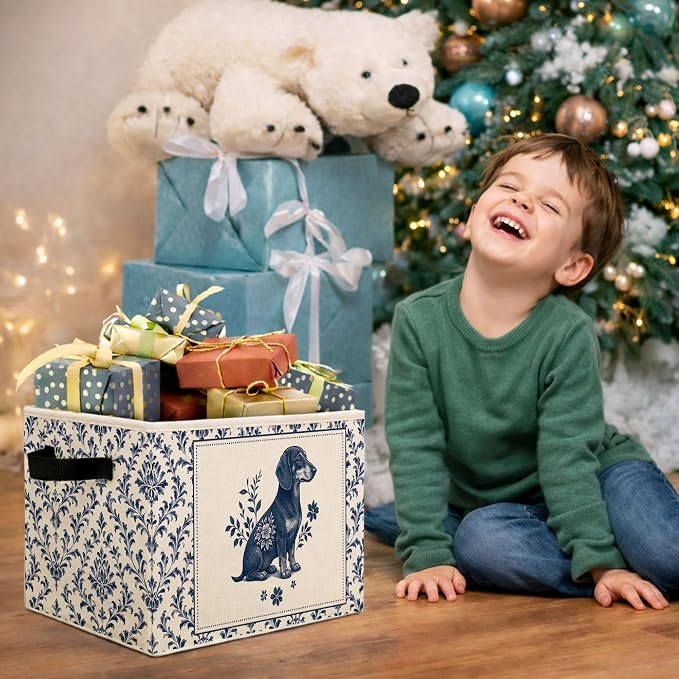 Blue Floral Dog Storage Bin, Foldable Fabric Organizer | Vintage blue floral dog storage bin for toys, books, clothes, pet supplies, nurseries, bedrooms, shelves, and closets.