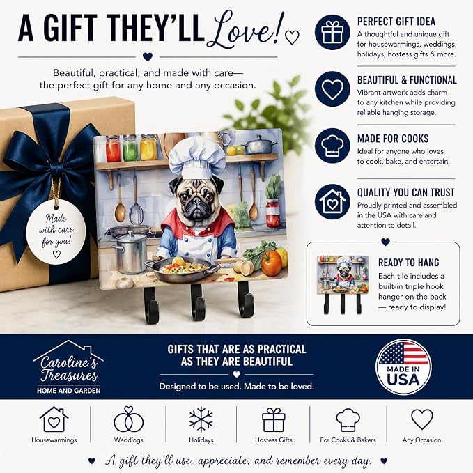 Caroline's Treasures Pug The Chef Leash or Key Holder Wall Hooks, Key Hooks Holder, Coat Rack Wall Mount, Coat Hooks, Hooks for Hanging Keys, Towels, Aprons, Leashes | Pug The Chef artwork on ceramic tile with three steel hooks for keys, leashes, towels