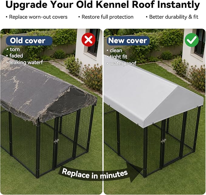 ROOMTEC 8 x 4 FT Outdoor Dog Kennel Cover, Replacement Canopy Only | Silver, 210D Coated Oxford, Waterproof, UV, 12 Secure Fasteners, Designed for ROOMTEC Kennels