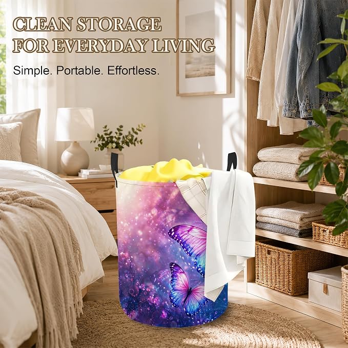 Butterfly Fantasy Laundry Basket, Foldable Oxford Cloth Purple Blue Laundry Hamper with Handles, Tote Bag Clothes Storage Bucket for Laundry Room/Bathroom/Bedroom/Dormitories 20.8"x16"