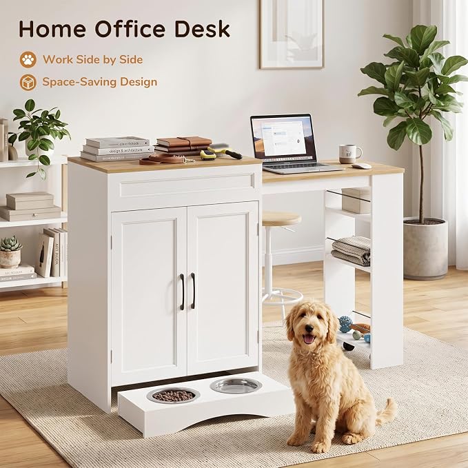 Furnaza 49.2" Dog Food Storage Cabinet with Power Outlets and Hidden Bowls | Wood Kitchen Island with 3-Tier Shelf ,Pull-Out Countertop,Pet Feeding Station for Small Space, Kitchen, Living Room,White