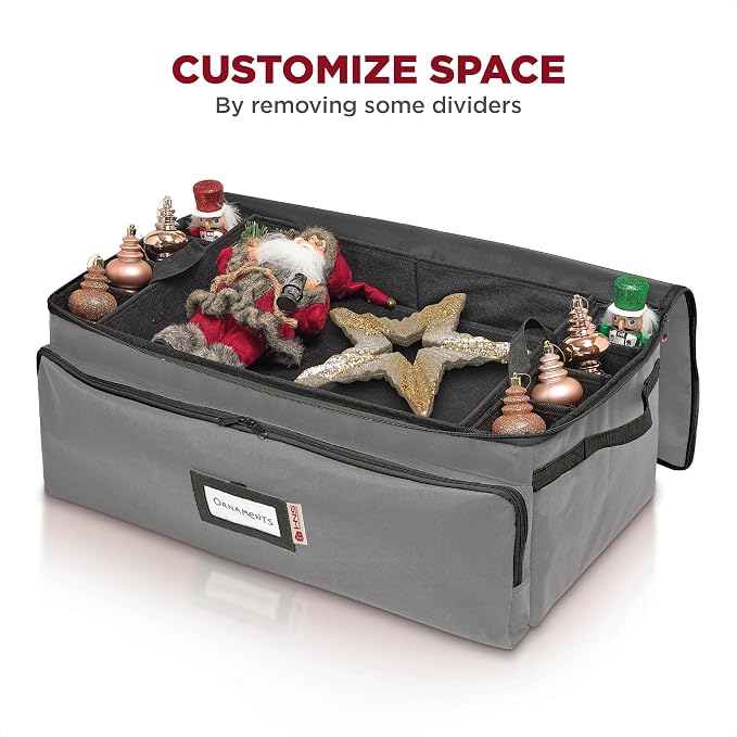 Premium Christmas Ornament Storage Box – Holds up to 72-3” Ornaments + 6 Side Slots for Figurines & Nutcrackers – Holiday Decoration Organizer – Durable 600D Grey Canvas