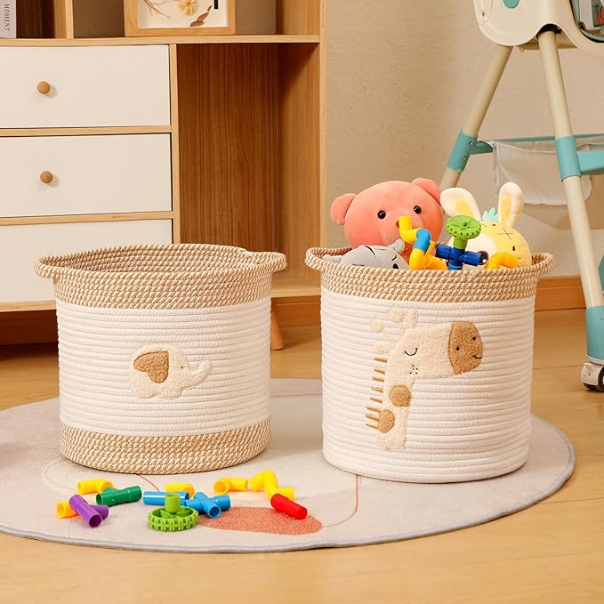 Toy Storage Baskets Woven Cotton Rope Storage Basket for Kids, Blanket Baskets for Living Room Toy Basket Box Toys Organizer with Embroidery Decor Cute Baskets for Nursery, Playroom (Elephant)
