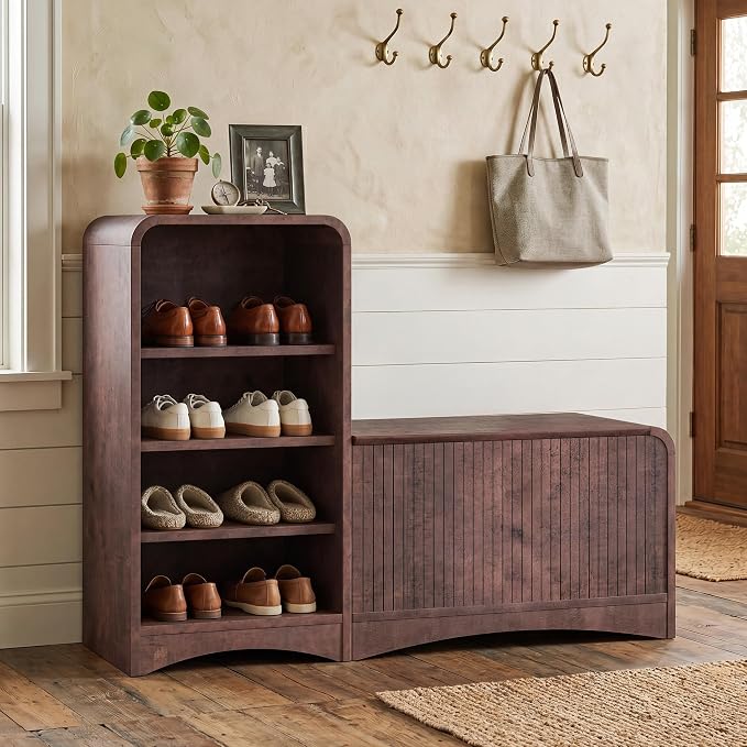L-Shaped Shoe Storage Bench with Lift Top Box & Shelf, Walnut | Durable Wood Cabinet With Hidden Storage For Entryway, Hallway, Apartment