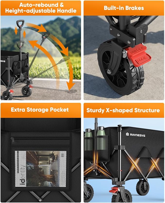 Collapsible Wagon Cart with Wheels, 330LBS for Grocery Shopping Camping | 150L Collapsible Wagon with Wheels,Heavy Duty Foldable Wagon,Portable Utility Carts for Camping Grocery Garden Shopping
