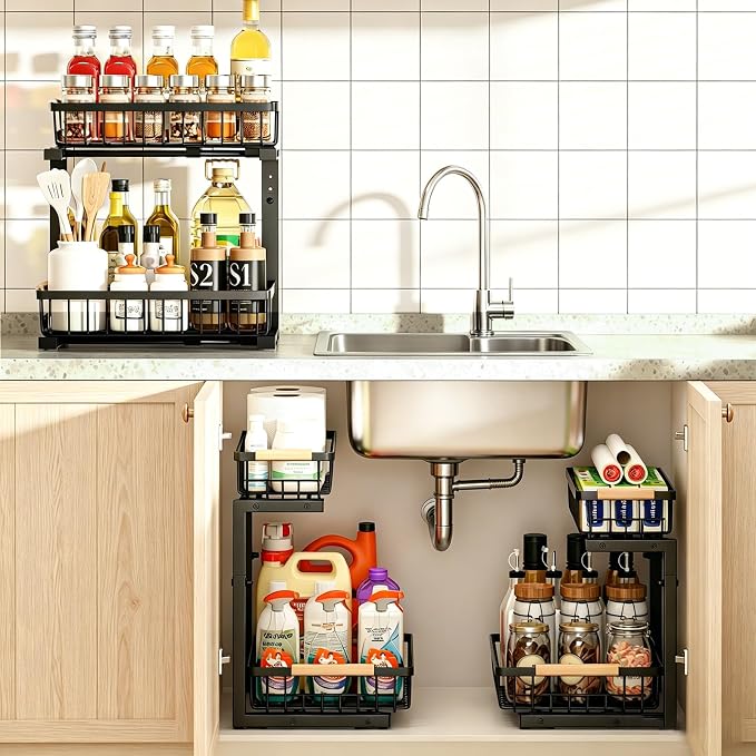 Under Sink Organizer, Adjustable 2 Tier Pull Out Kitchen Bathroom | cabinet organizer, 5 level adjustable, quiet sliding rails, dual suction and nano tape, no drill, rust resistant holds 50 lbs