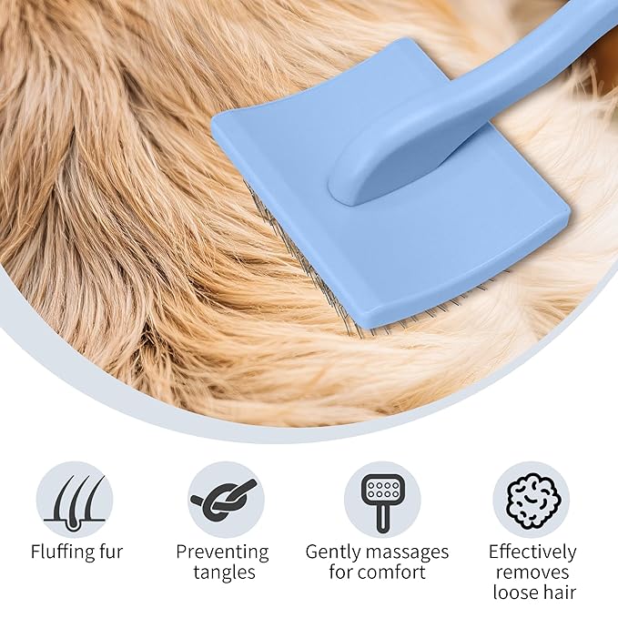 Pet Slicker Brush for Long & Short Hair - Detangling Tool for Dogs & Cats - 135° Angled Stainless Steel Pins, Curved Handle - Gentle Grooming for Small/Medium/Large Breeds (Blue)