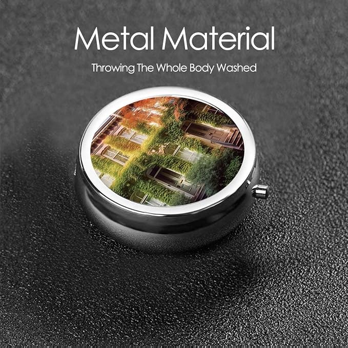 Round Pill Box Leafy Townhouses Pill Case for Purse & Pocket 3 Compartment Pill Organizer Portable Travel Pillbox Medicine Pill Holder Container for Daily Vitamin Cod Liver Oil Storage