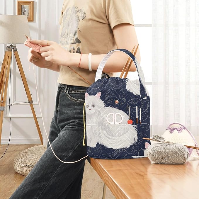 Fustylead Cute White Persian Cat on Dark Background Large Yarn Storage Tote Basket, Knitting Crochet Drawstring Organizer Bag for Crocheting Project, Yarn Balls, Needles Accessories