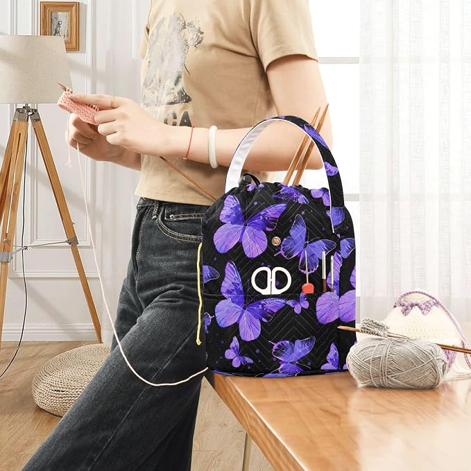 Fustylead Hand Draw Purple Butterflies Silhouette Large Crochet Organizer, Durable Polyester Drawstring Basket Yarn Storage Bag for Crochet Hooks, Knitting Needles, Project and Sewing Supplies